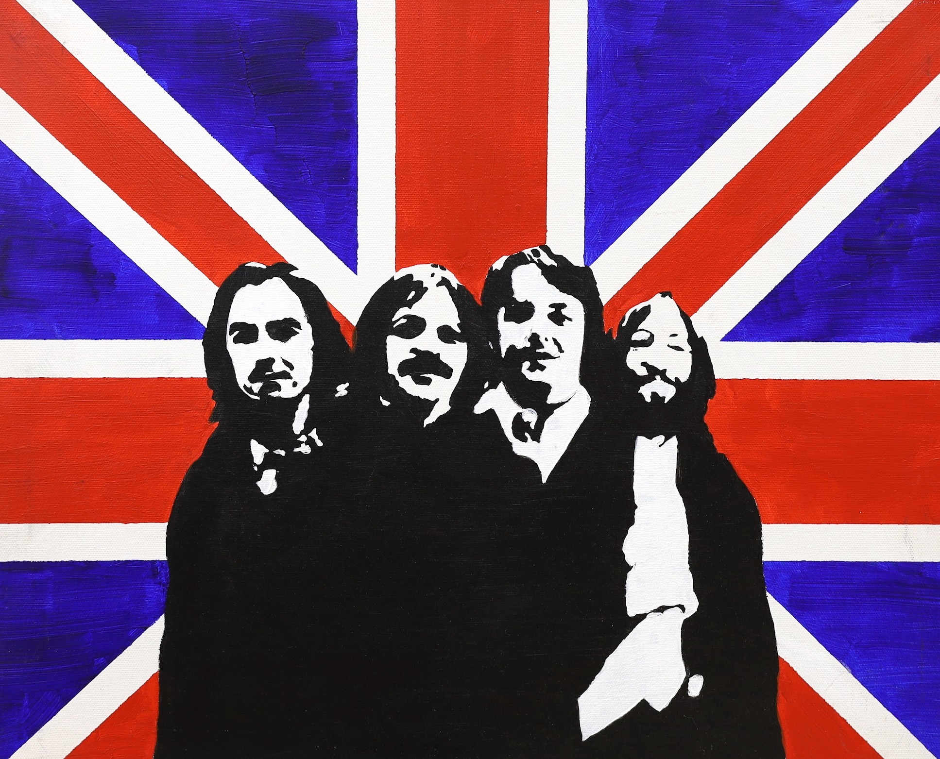 Owyn Jones, pair of oils on canvas, 'The Beatles' and 'The Clash', inscribed verso and dated 2001, 40 x 50cm, unframed